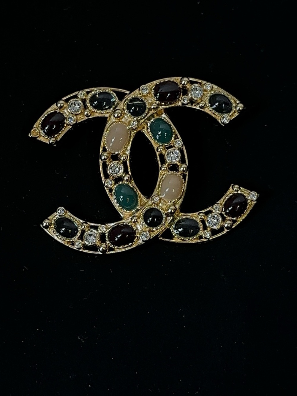 CHANEL Gold-Tone Multicolor Cabochon CC Brooch